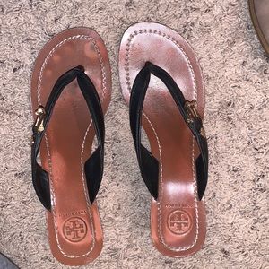 Black Tory Burch wooden soles sandels